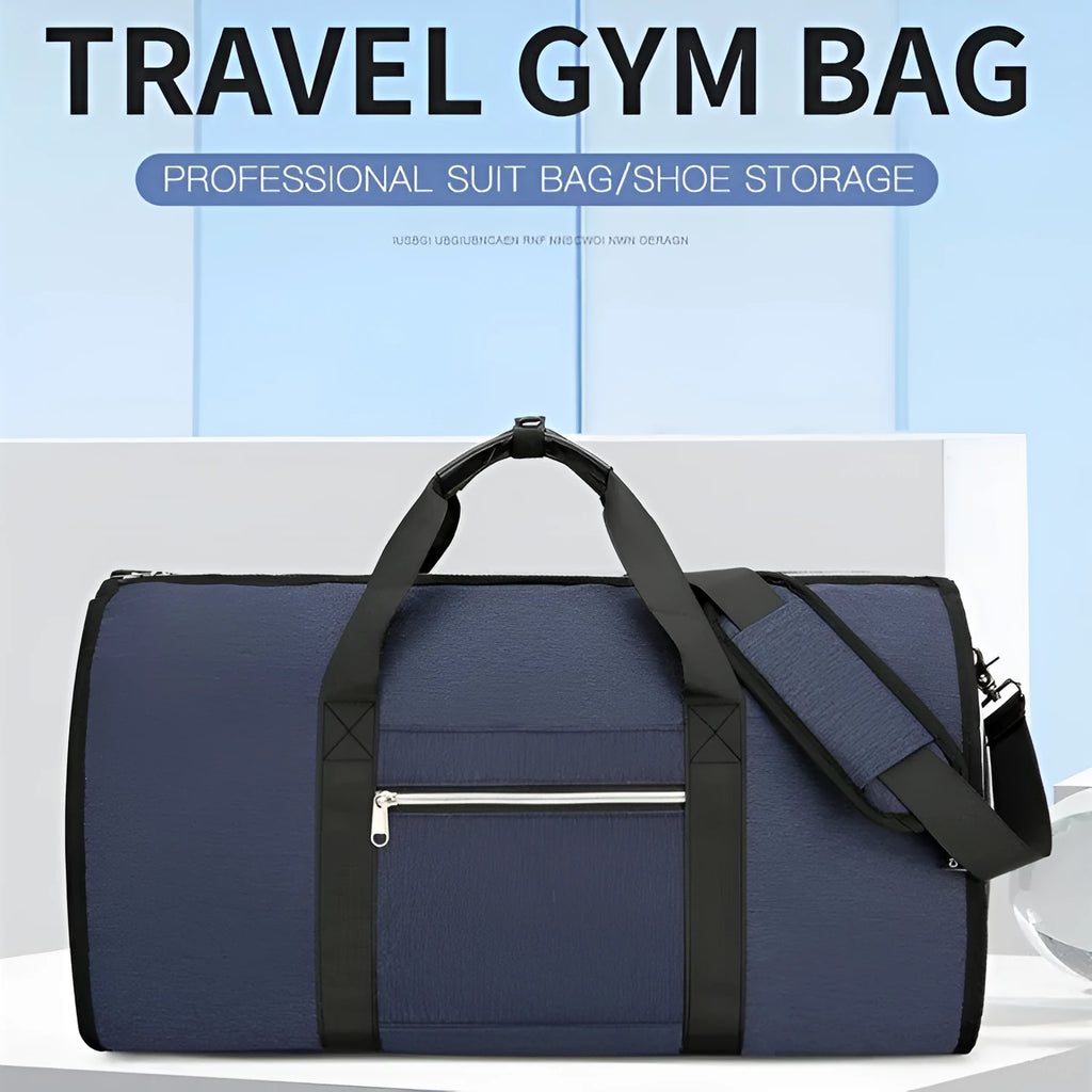 Expandable Oxford cloth storage bag in grey, shown with dry-wet separation compartment.