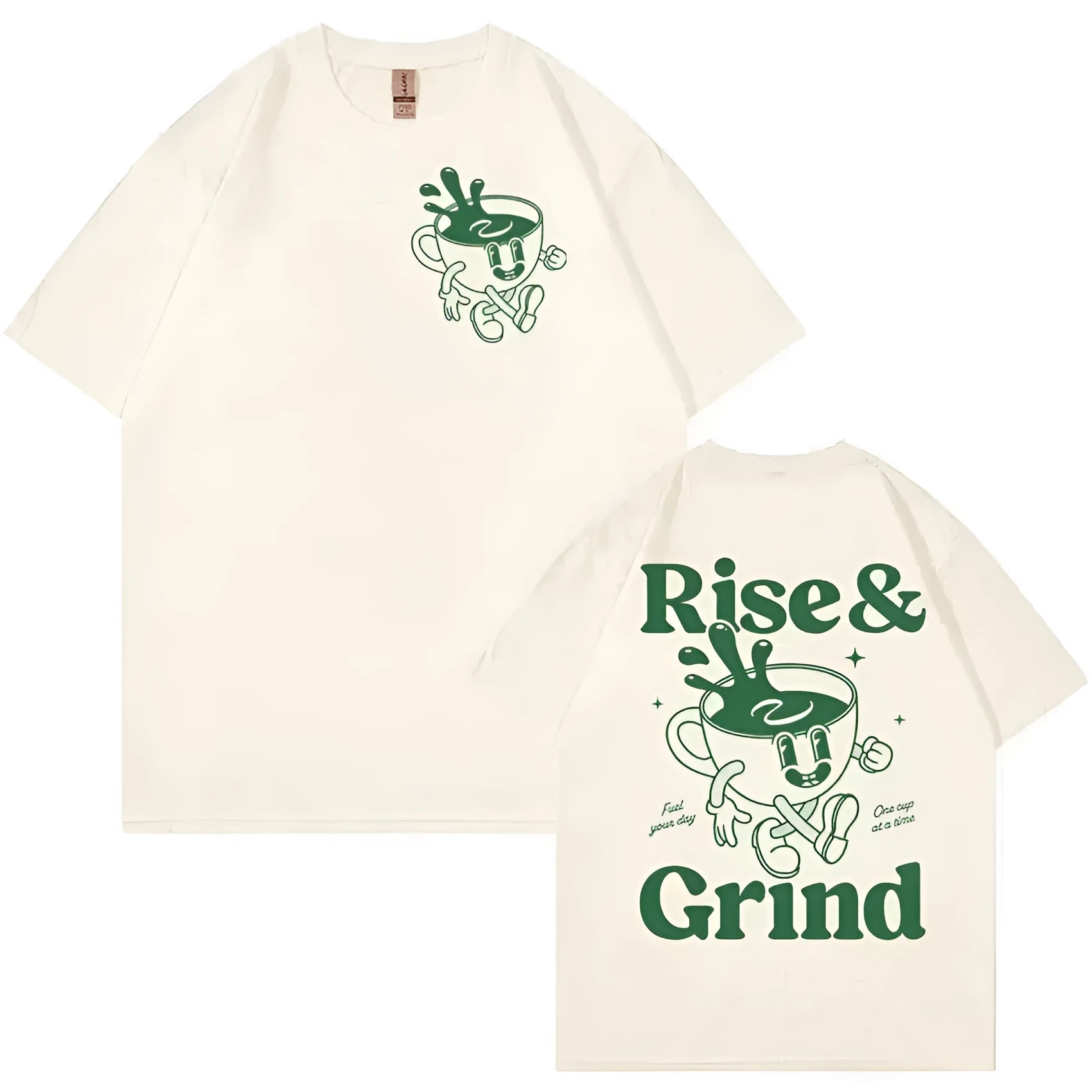 Men's loose fit linen t-shirt with green 'Rise And Grind' coffee cartoon print on chest.