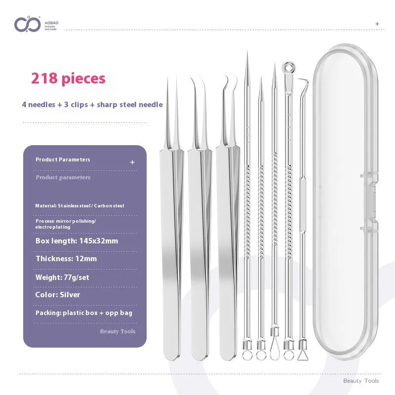 Four silver metal acne needles with ultra-fine points for blackhead removal.