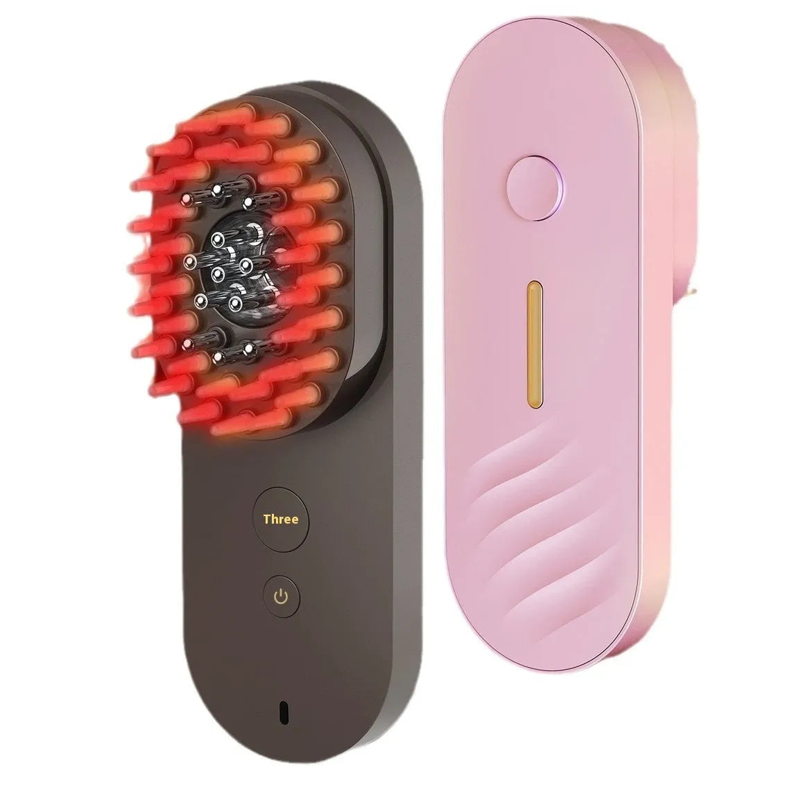 Pink and black smart massage comb for scalp care with red light therapy, measuring under 10cm.