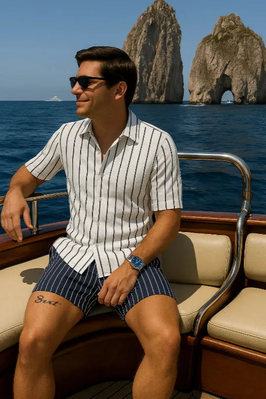 Men's blue beach shirt and shorts set with four-sided elastic fabric for casual summer wear