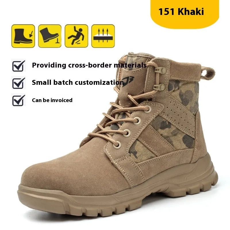 Khaki steel toe cap combat boots with suede upper and round head, laced up on a white background
