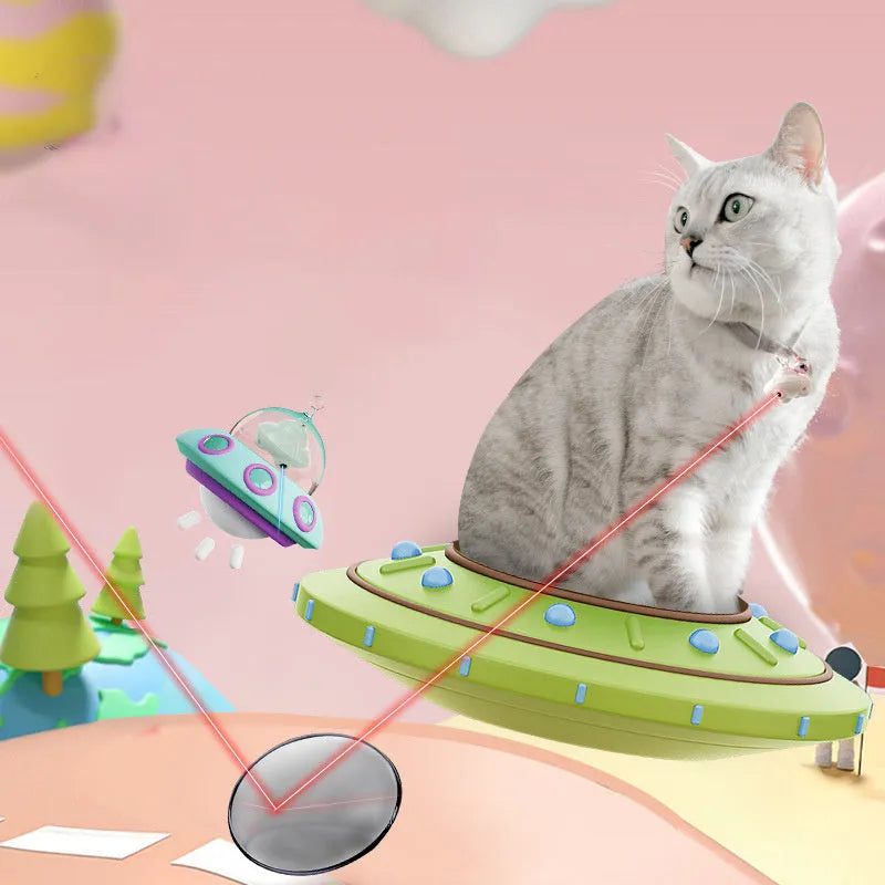 Green cat collar laser toy on a fabric background, showing 3x3x2.5cm plastic unit with 360° rotating feature