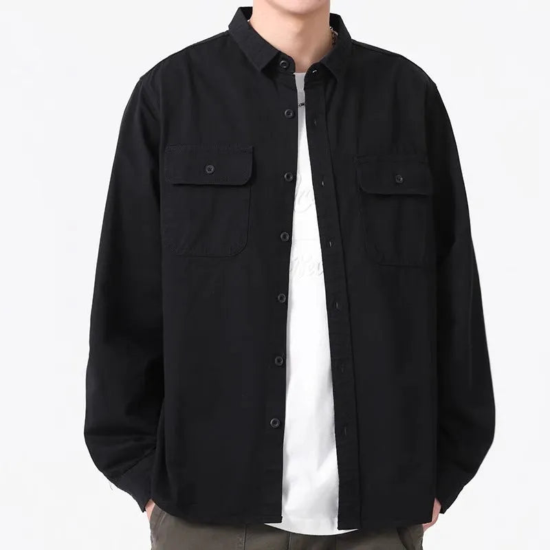 Men's loose fit long sleeve cardigan shirt in light gray, black, khaki, and green polyester fabric