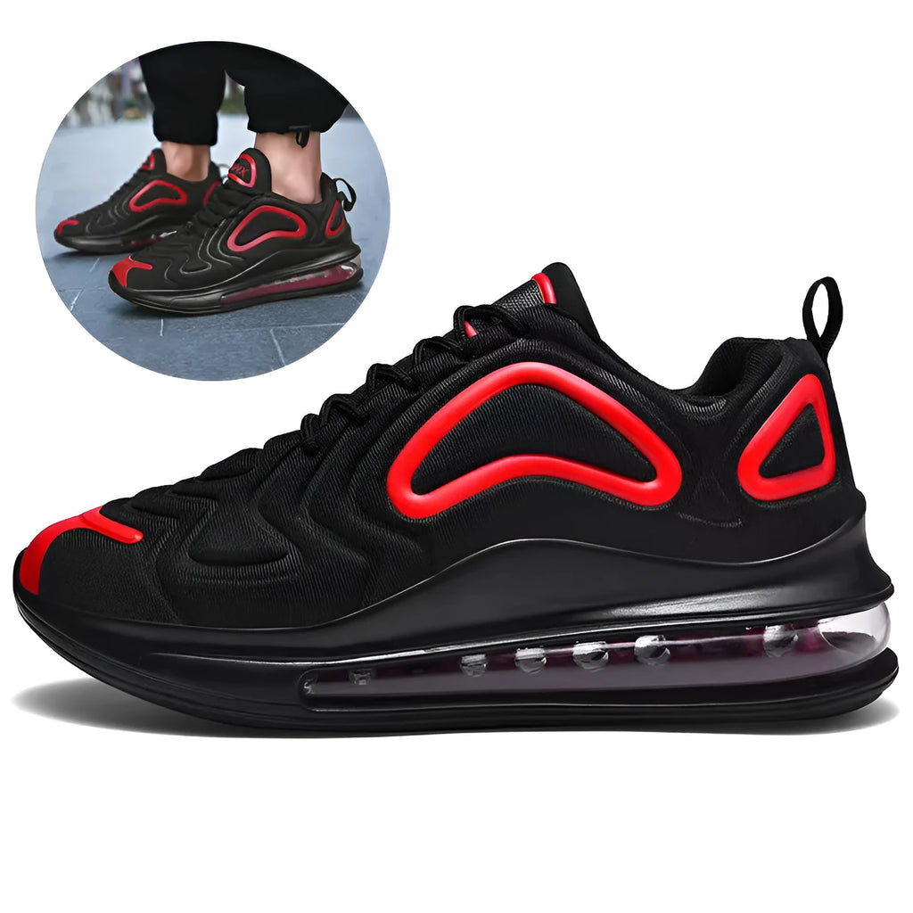 Men's black casual sneakers with a thick sole and lace-up design for running and sports.