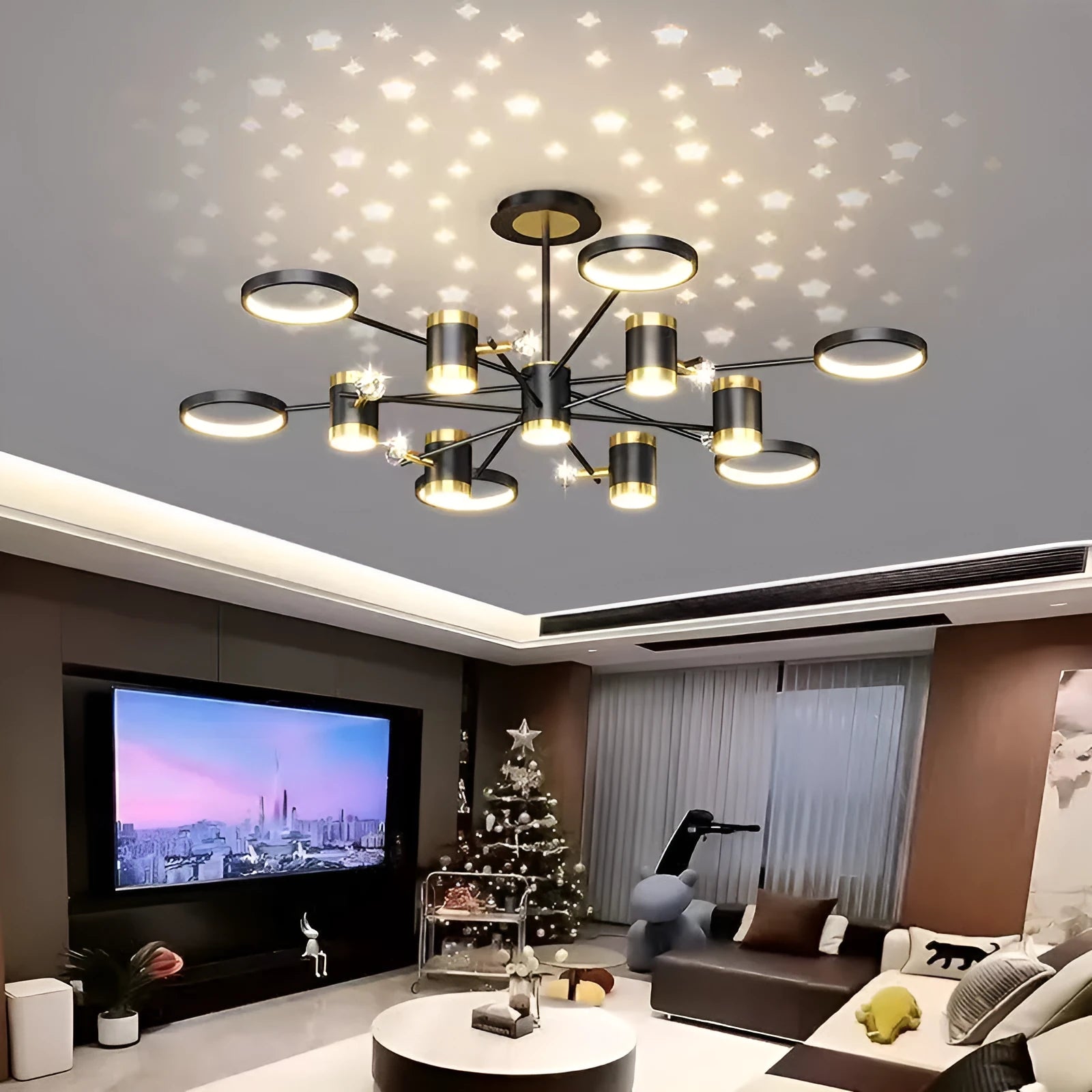 Black 13-head iron pendant smart chandelier with remote control