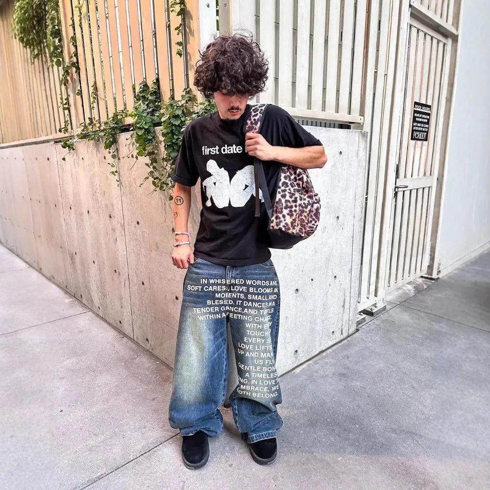 Men's casual loose wide-leg straight cotton trousers in black, front view, sizes S to XXL