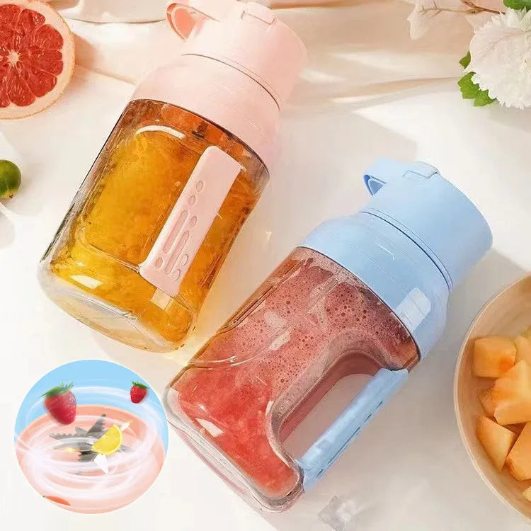 Portable electric juicer 1500ml USB rechargeable in pink with double handles and steel blades