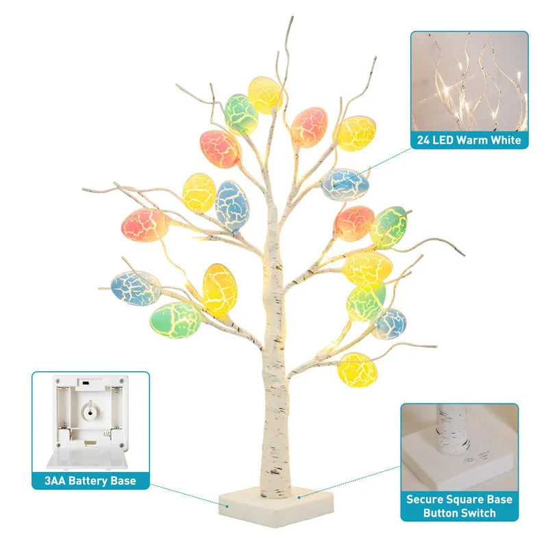 60cm birch-style Easter tree with warm white LED lights and cracked egg ornaments on a tabletop