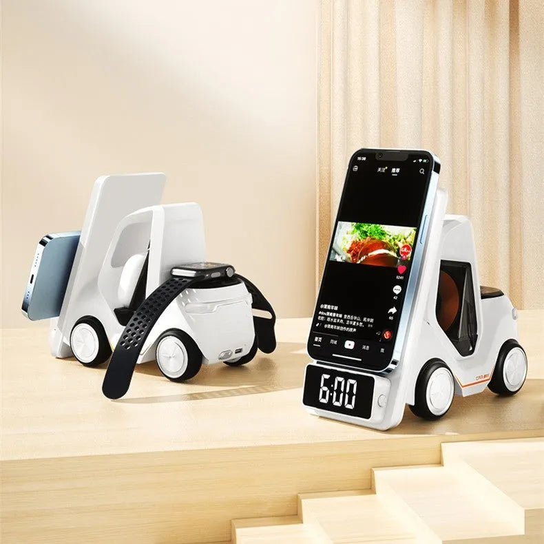 15W wireless charging bracket in grey, white, yellow or orange colours showing three devices charging simultaneously