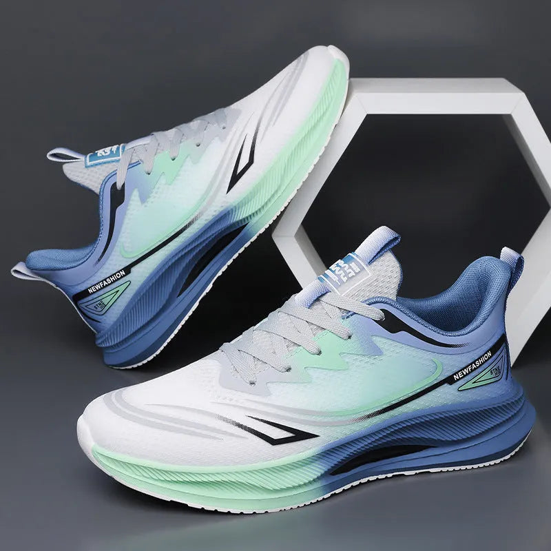 Men's low-top casual trainer in grey-green with woven mesh upper and round toe on a rubber sole.