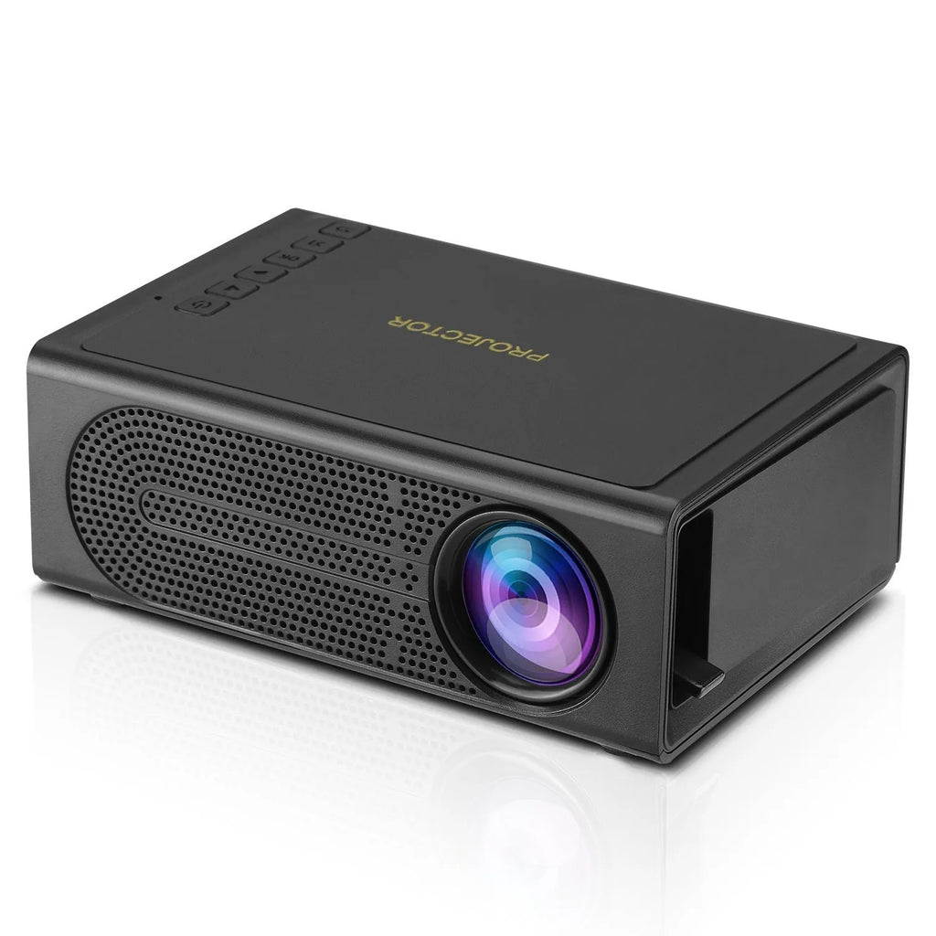 Portable mini projector in black with wired mobile phone screen mirroring and 20 lumens brightness