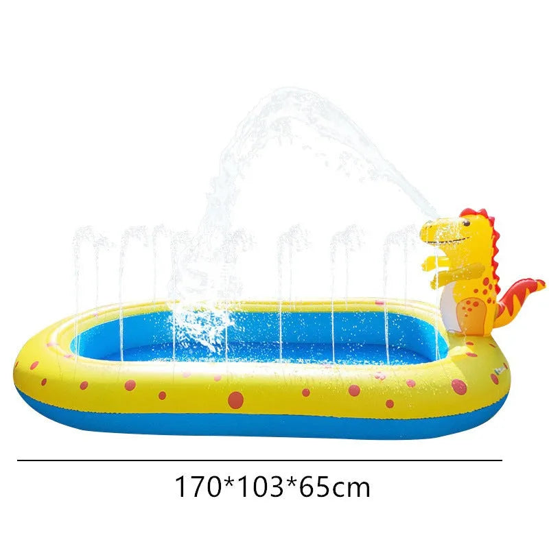 Blue dinosaur water spray pool for kids outdoor water play measuring 170cm