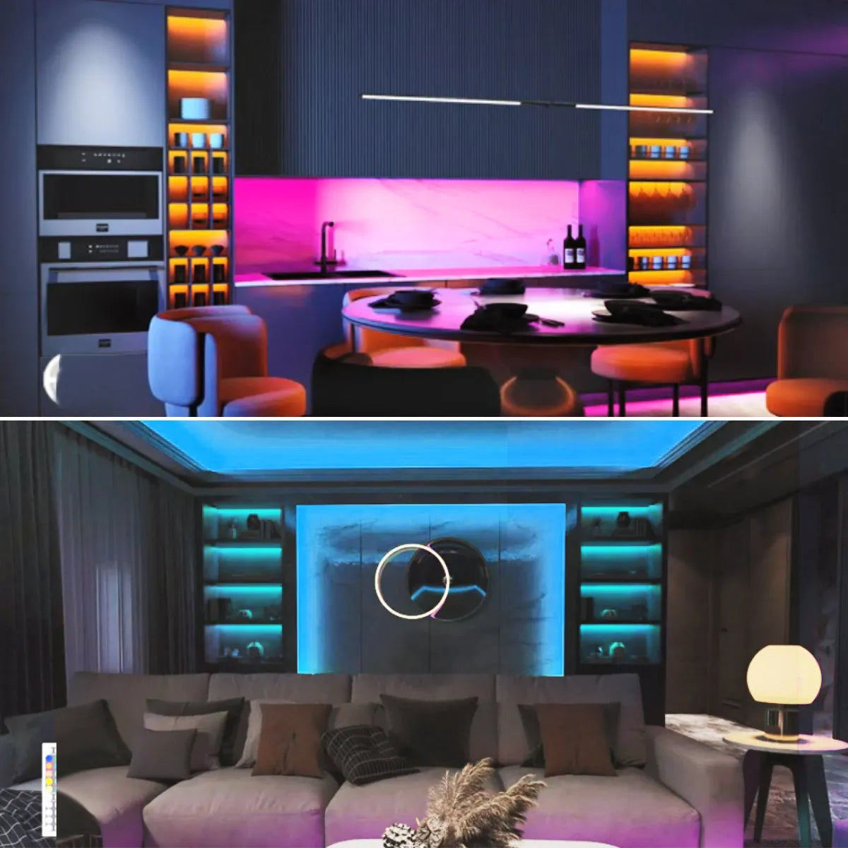 Smart LED neon light strip in blue with remote control and app interface, 10mm width, IP65 waterproof for home decoration