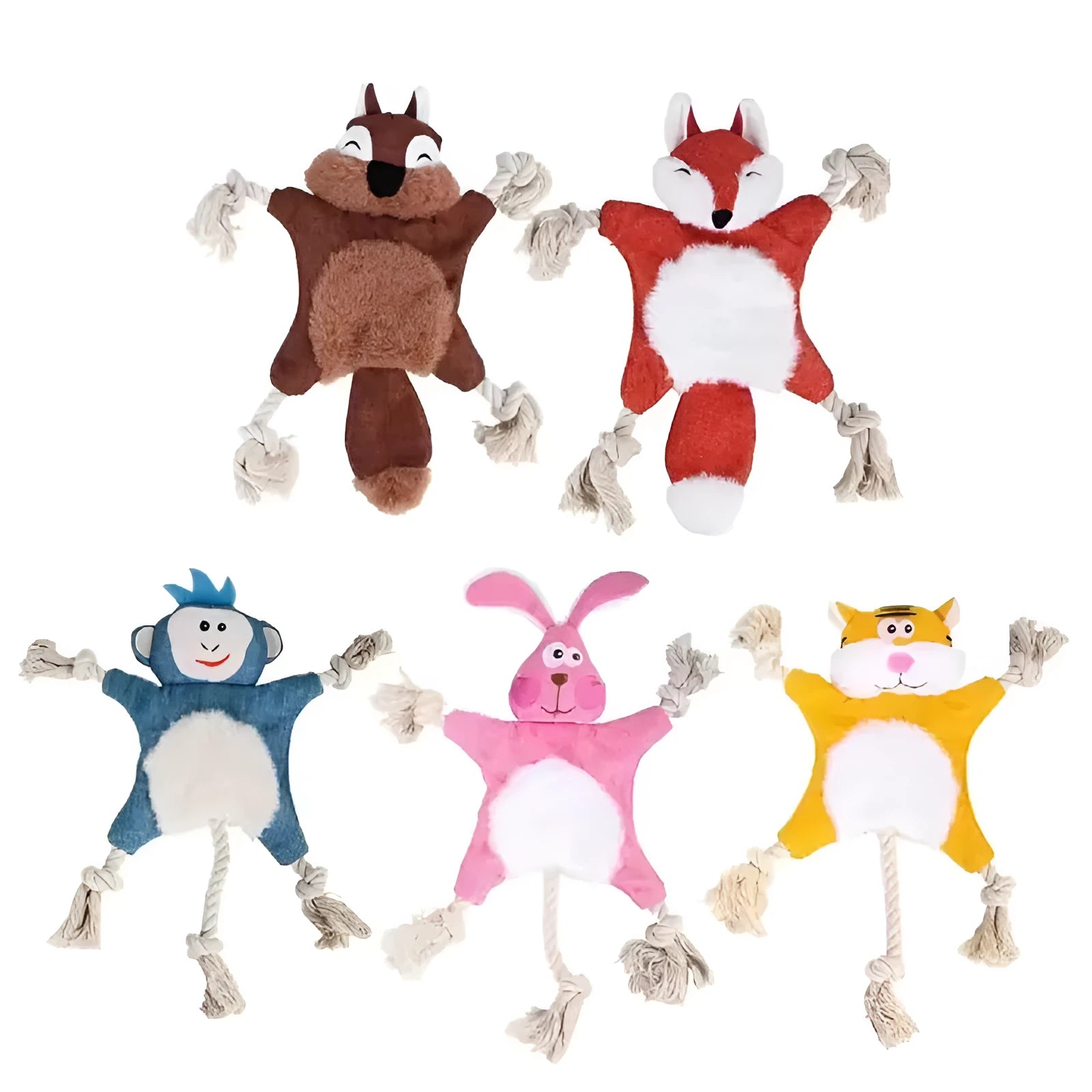 Set of six plush squeaky dog toys shaped like fox, squirrel, monkey, koala, rabbit, and tiger with rope