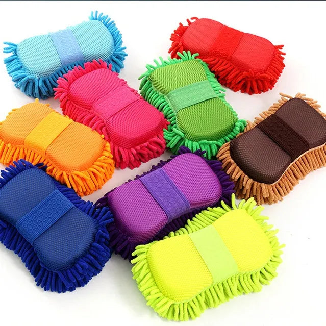 Silver green microfiber car wash sponge measuring 14 cm by 25 cm
