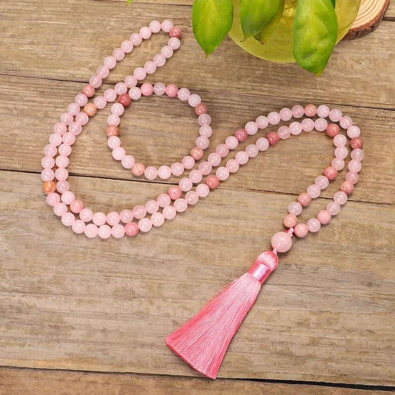 Stone bead long fringe tassel pendant necklace with adjustable 51-80cm ball chain, drop shape design