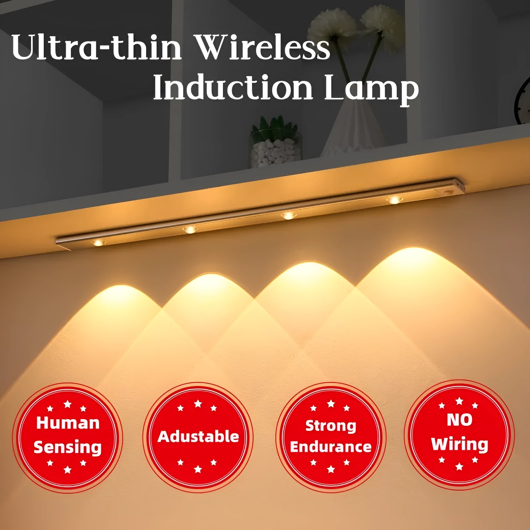 Ultra-thin USB LED night light with motion sensor in silver, aluminium body, 20 cm length, mounted inside a kitchen cabinet