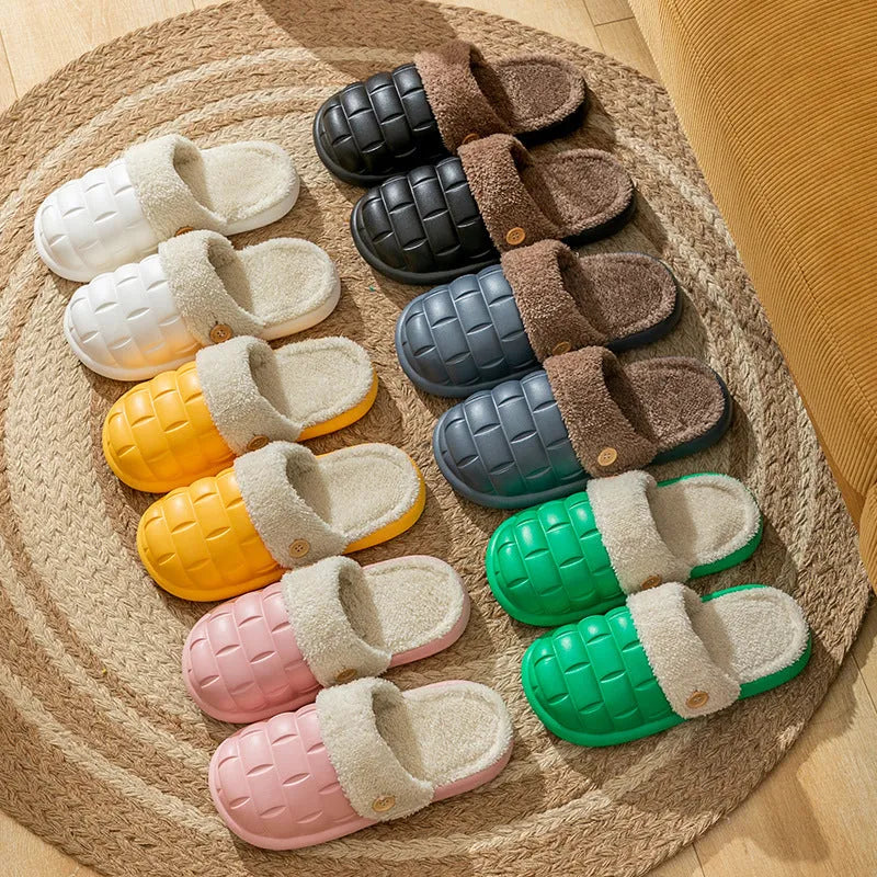 Plaid detachable EVA slippers for women with a plush lining and nonslip sole in pink, green, yellow, or white.
