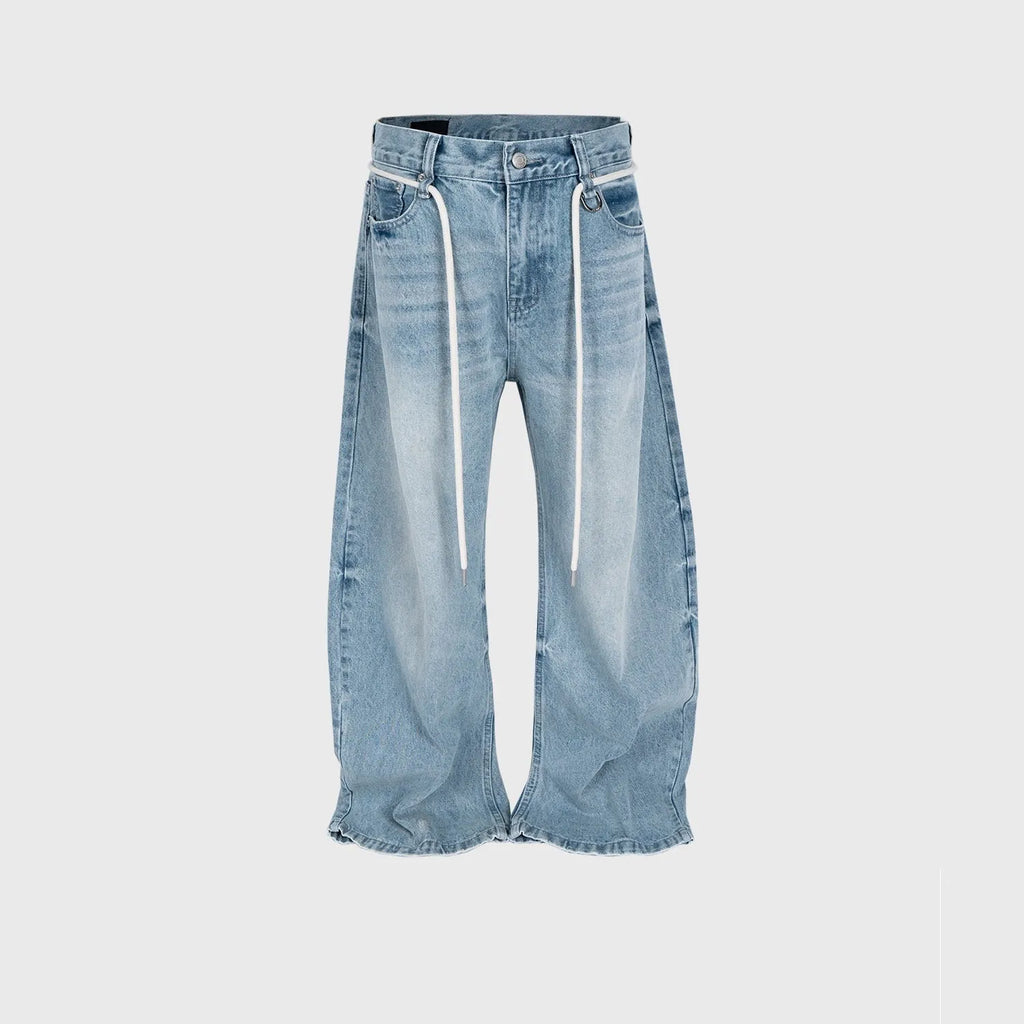 Blue vintage washed cotton denim straight-leg trousers with drawstring belt