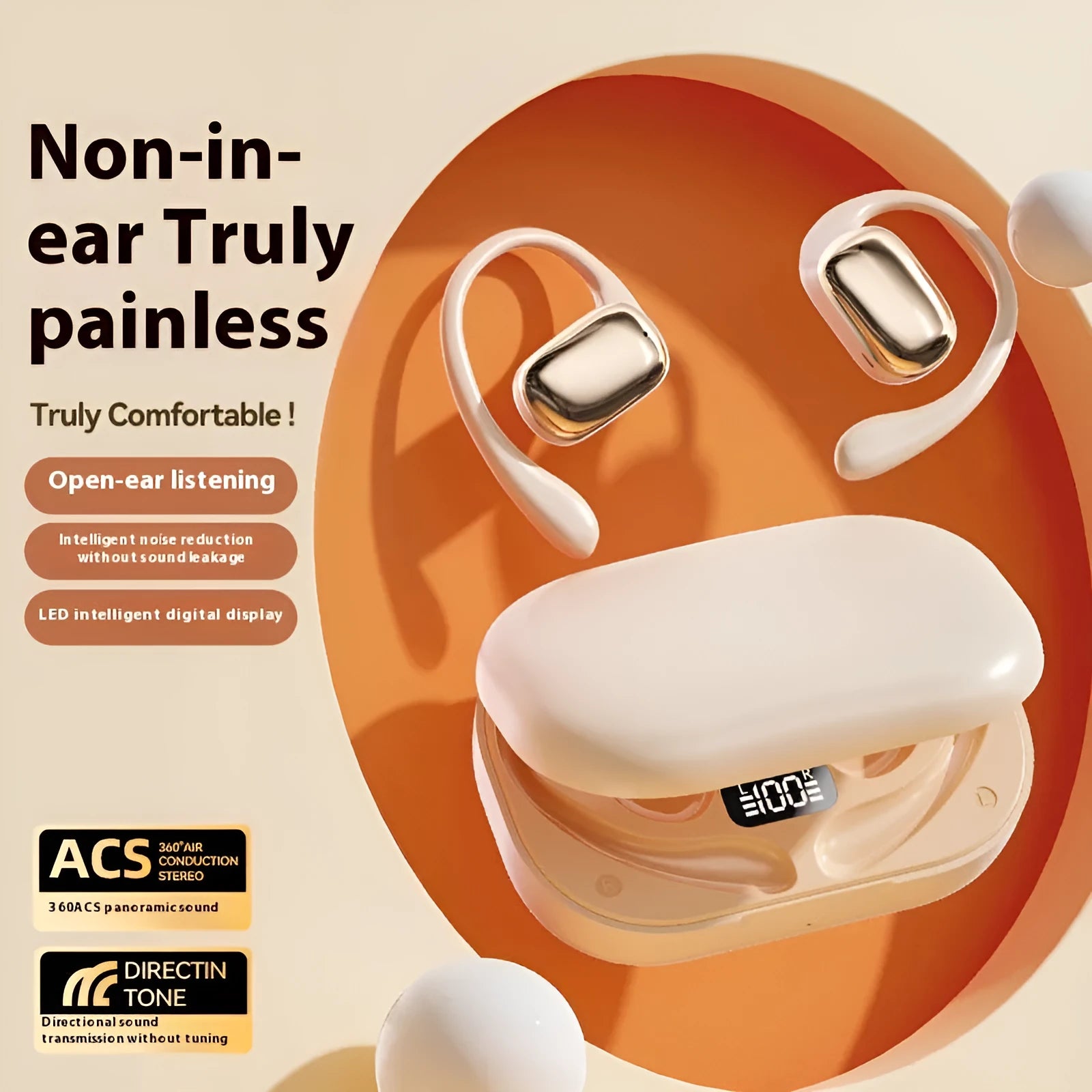 Ear-mounted headphones with digital display screen in black, white and skin colour options