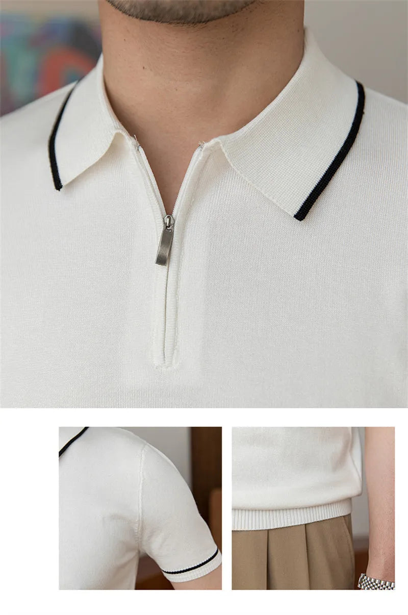 Slim knitted retro polo shirt for men in coffee colour, short sleeves, washed viscose-polyester blend, front view