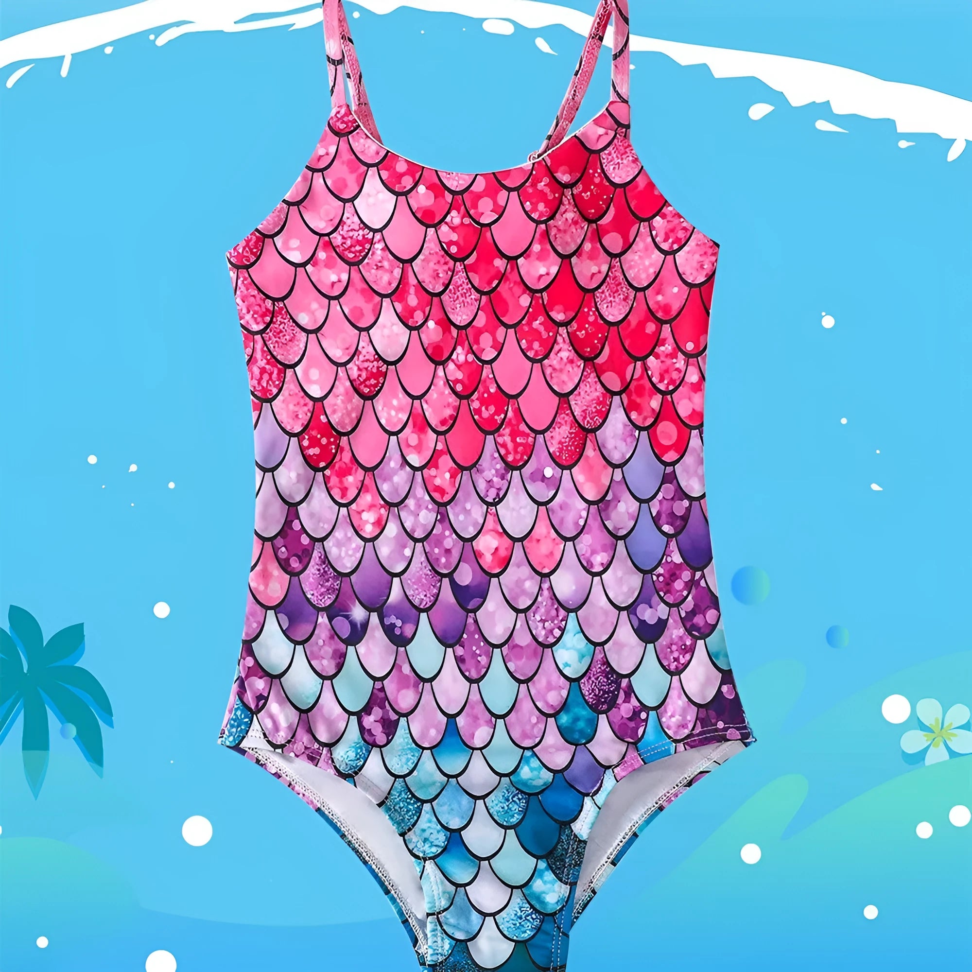 Children's mermaid one-piece swimsuit for girls in high-elasticity polyester, available in multiple colours and sizes from 100cm to 150cm