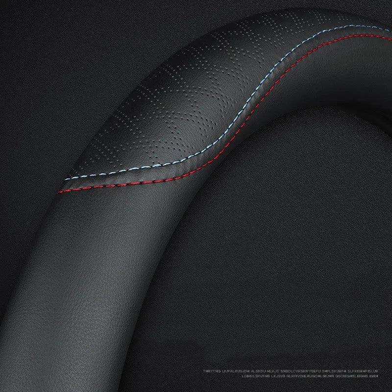 Black two-colour line Napa leather texture steering wheel cover for Suzuki cars, 38cm diameter.