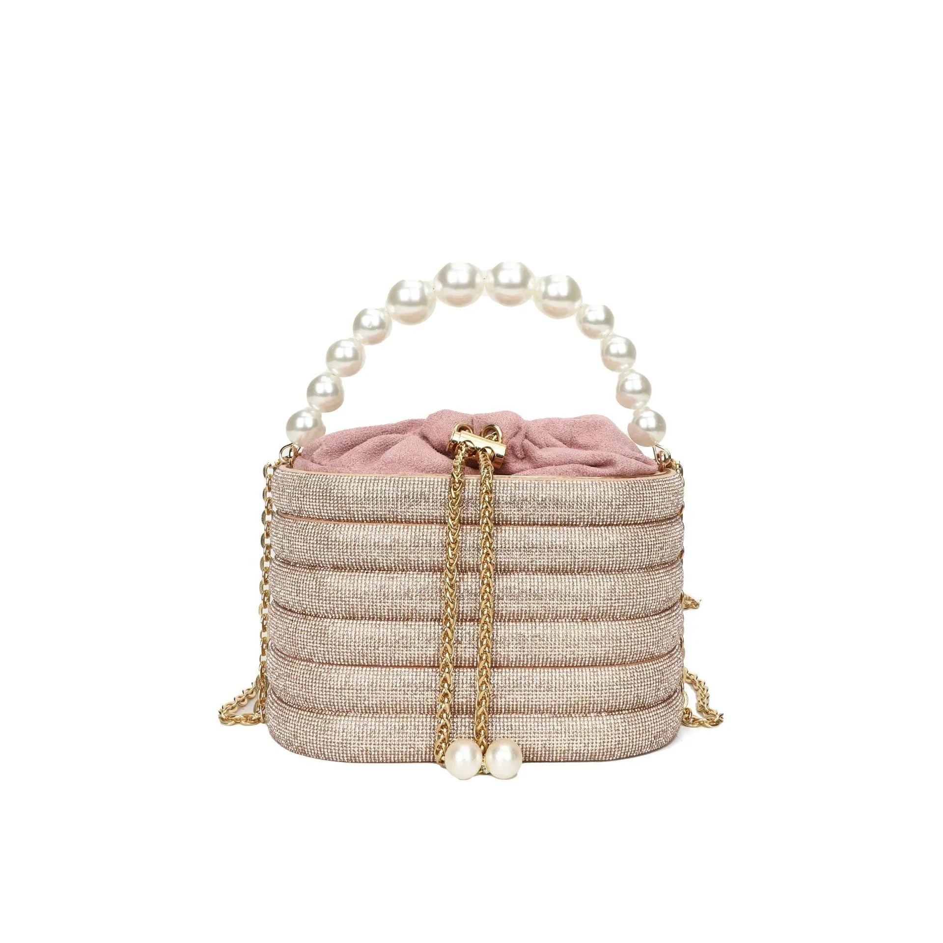 Round women's crossbody handbag with beaded pearl embellishments and European retro styling in multiple colour options