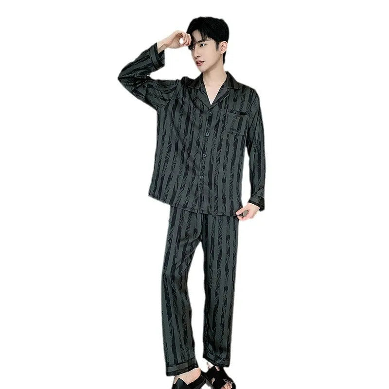 Ice silk men's pajama set with V-neck long sleeve top and thin trousers in Black Stripes