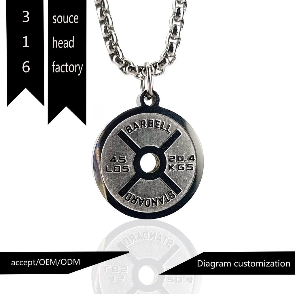 Stainless steel geometric barbell disk pendant necklace with chain options