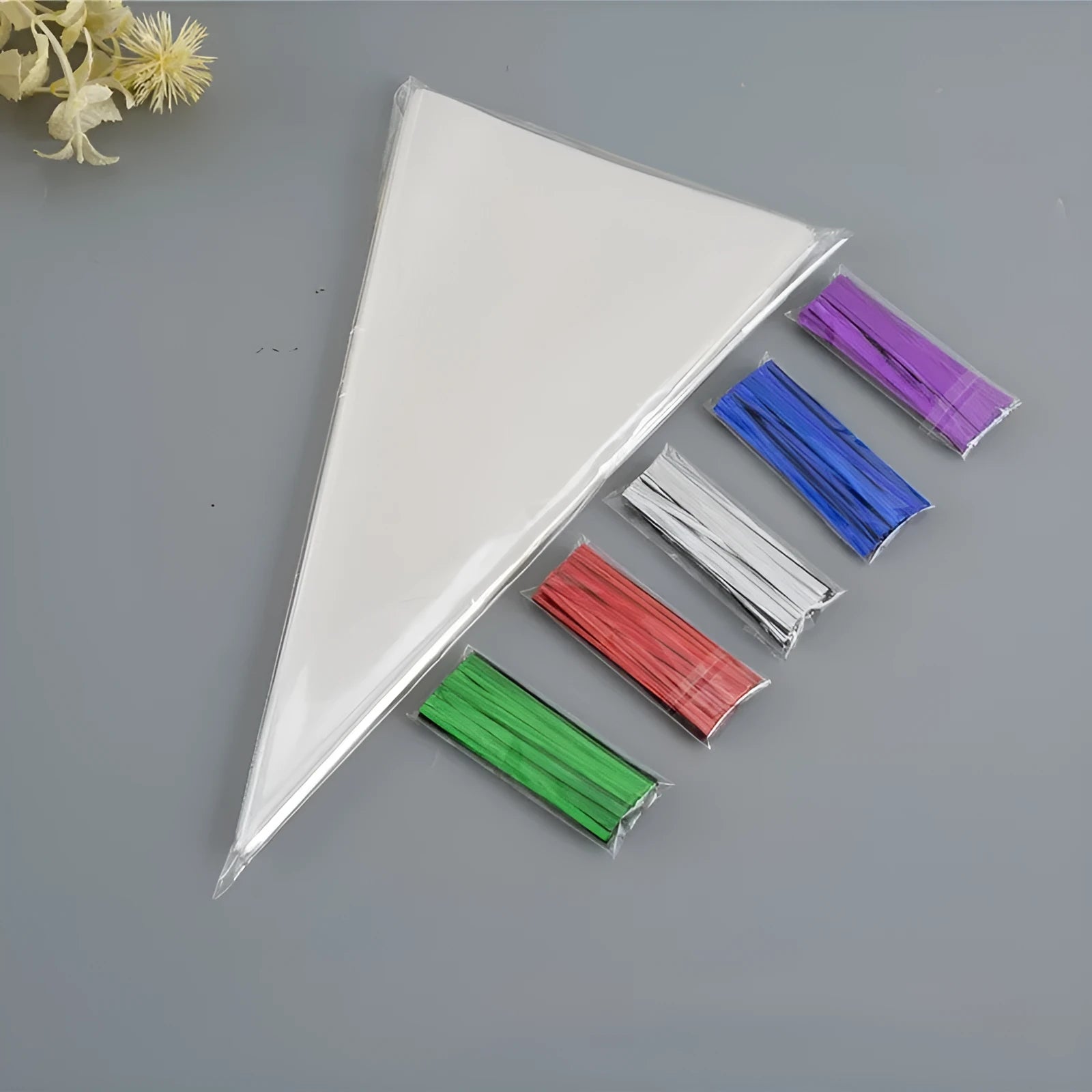 OPP triangle plastic packaging bag with integrated wire tie closure in clear material