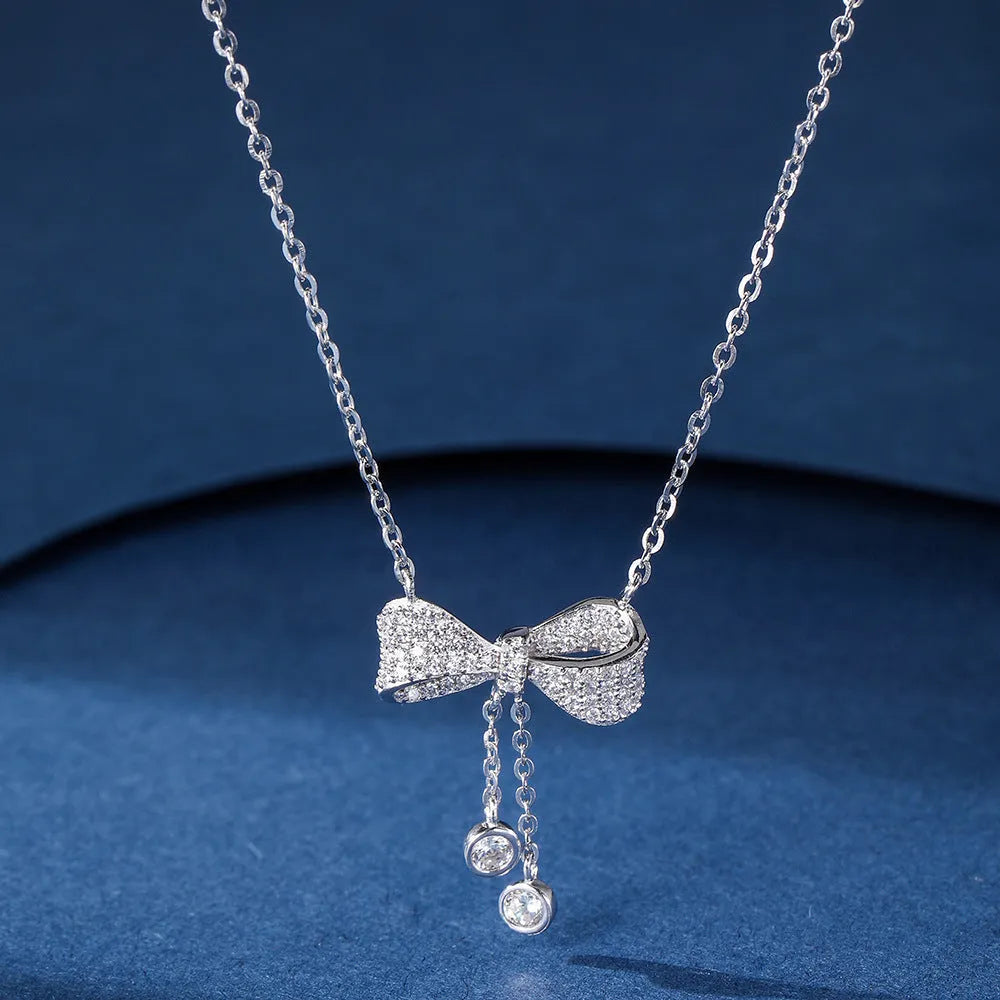 S925 sterling silver bow pendant clavicle chain necklace with O-ring chain