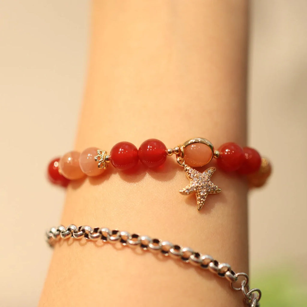 Handmade 8mm red agate star-shaped bracelet for women, ethnic style with Xiangyun design, sands orange finish