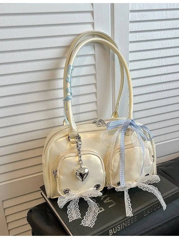 Women's beige horizontal square PU shoulder bag with double straps and internal phone compartment