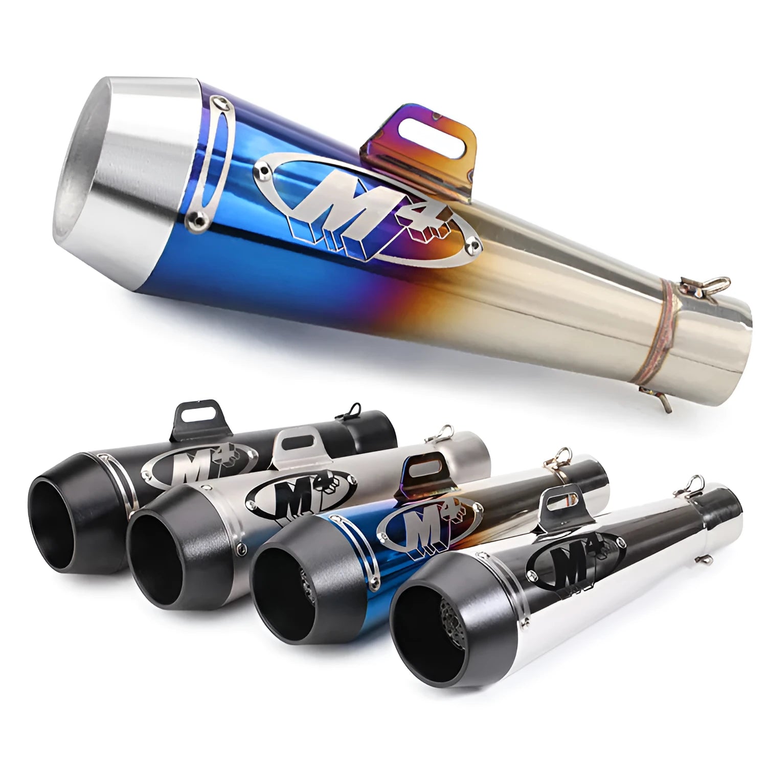 Universal M4 motorcycle exhaust pipe for large displacement engines in multiple finish options