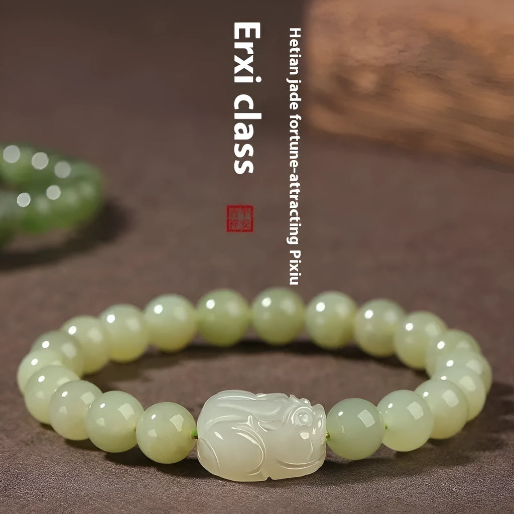 Women's Hetian jade leather bracelet with polished beads, 8mm size, national style design