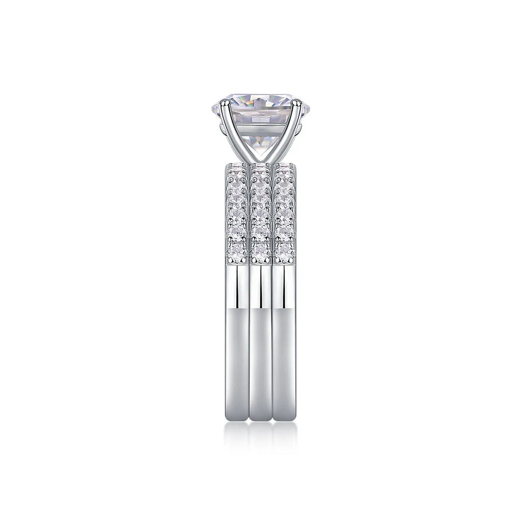 Dreamy 2-carat moissanite wedding ring set on white background, S925 silver platinum-plated band