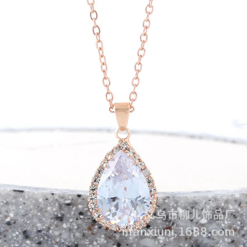 Drop-shape alloy necklace with rhinestone inlay available in eight electroplated colour finishes