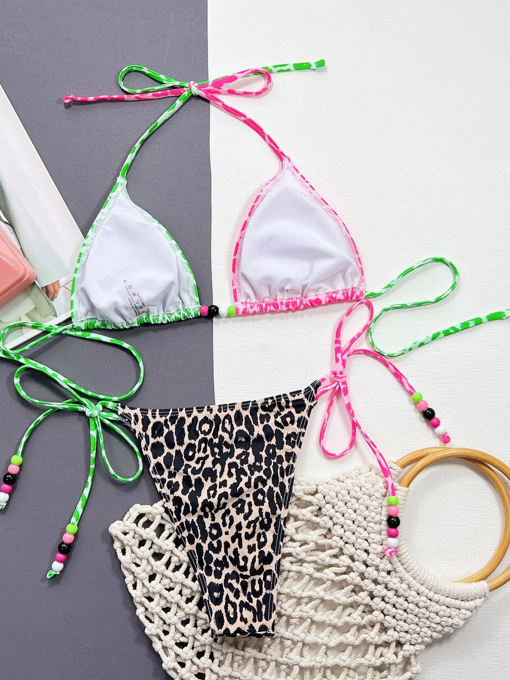 Women's leopard print bikini set with bra and brief panties in polyester and spandex lining