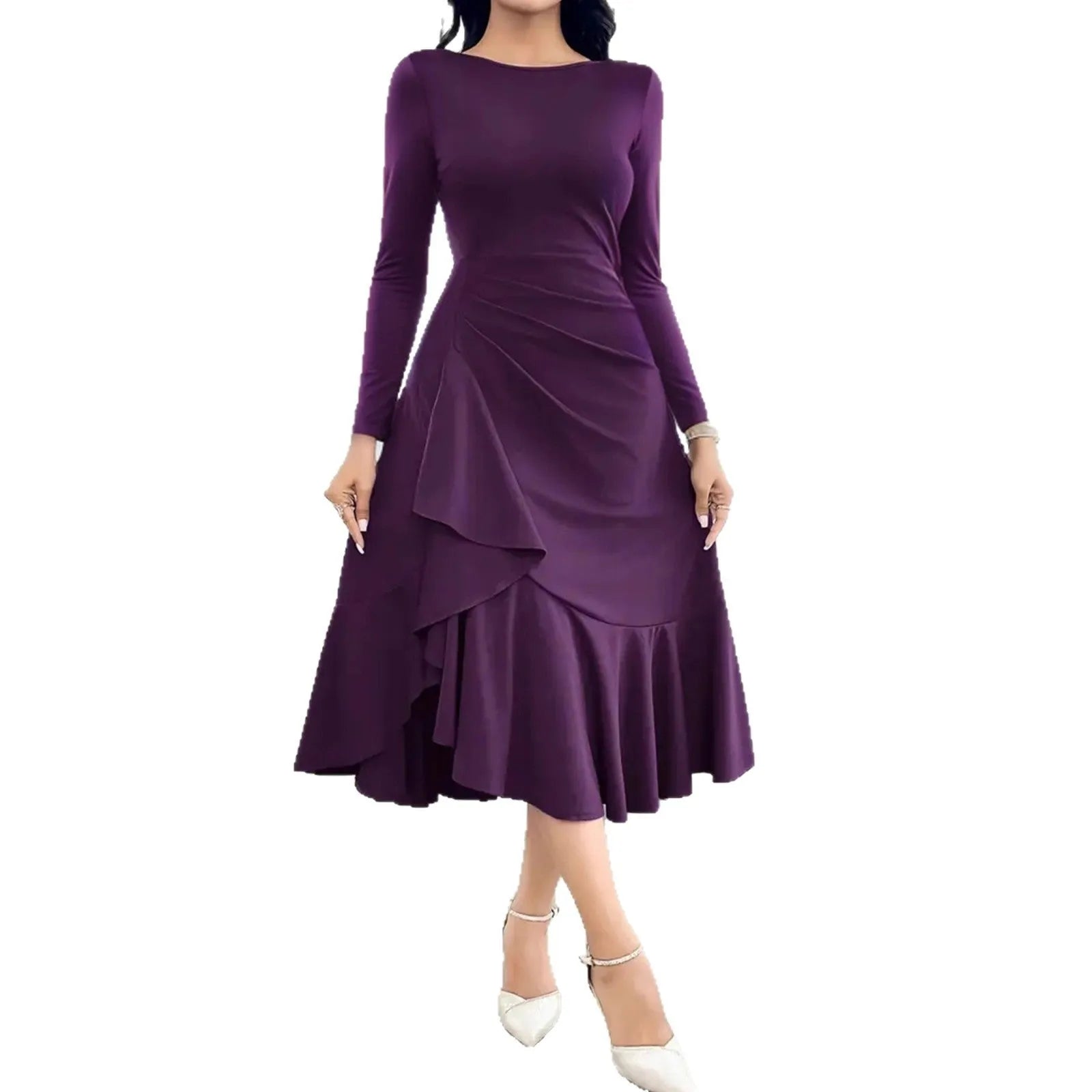 Purple women's long sleeve round neck pullover dress with ruffle detail on a mid-waist.