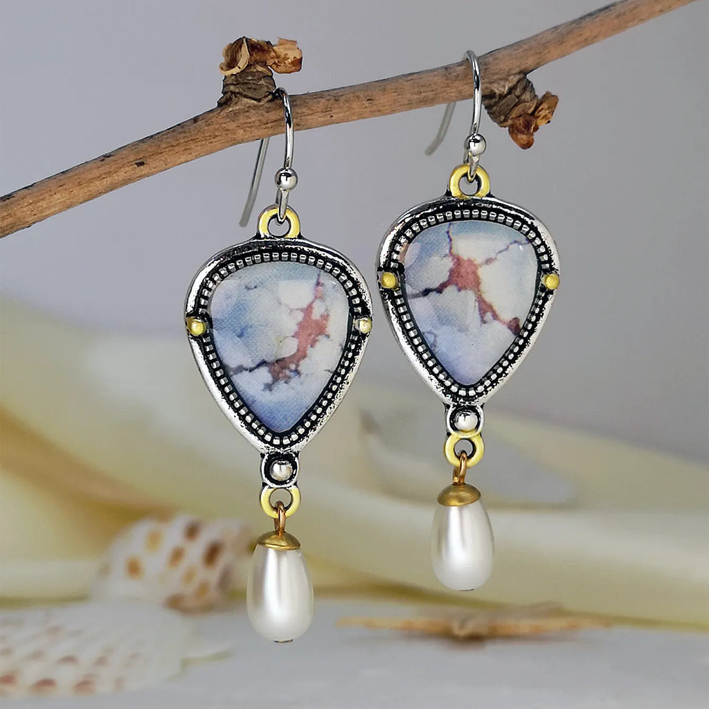 Retro blue drop earrings with geometric Bohemian design featuring synthetic opal and pearl accents