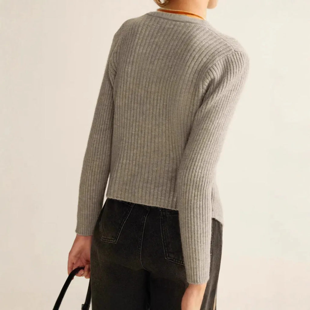 Womens loose fit solid colour cardigan sweater in Silver, autumn winter style, round collar, Bejirog fabric, shown on model