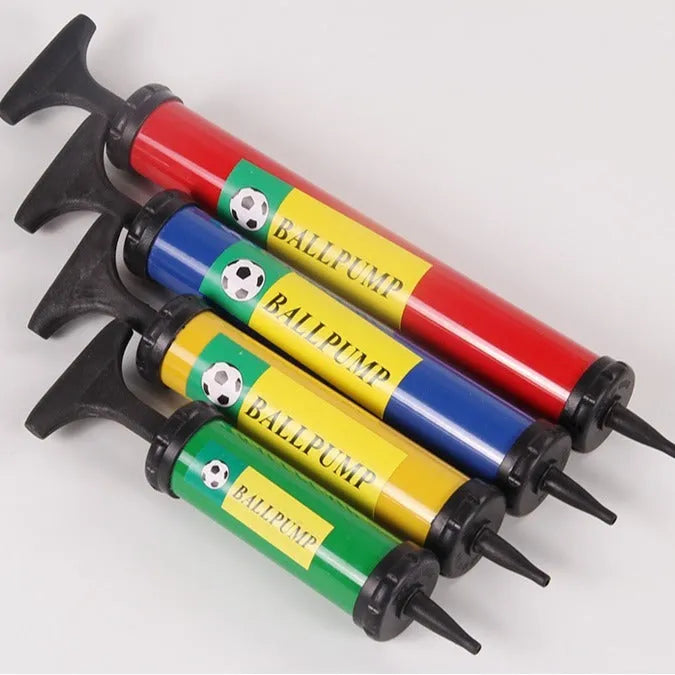 Plastic manual hand pump with nozzle adaptors for inflating sports balls and balloons.