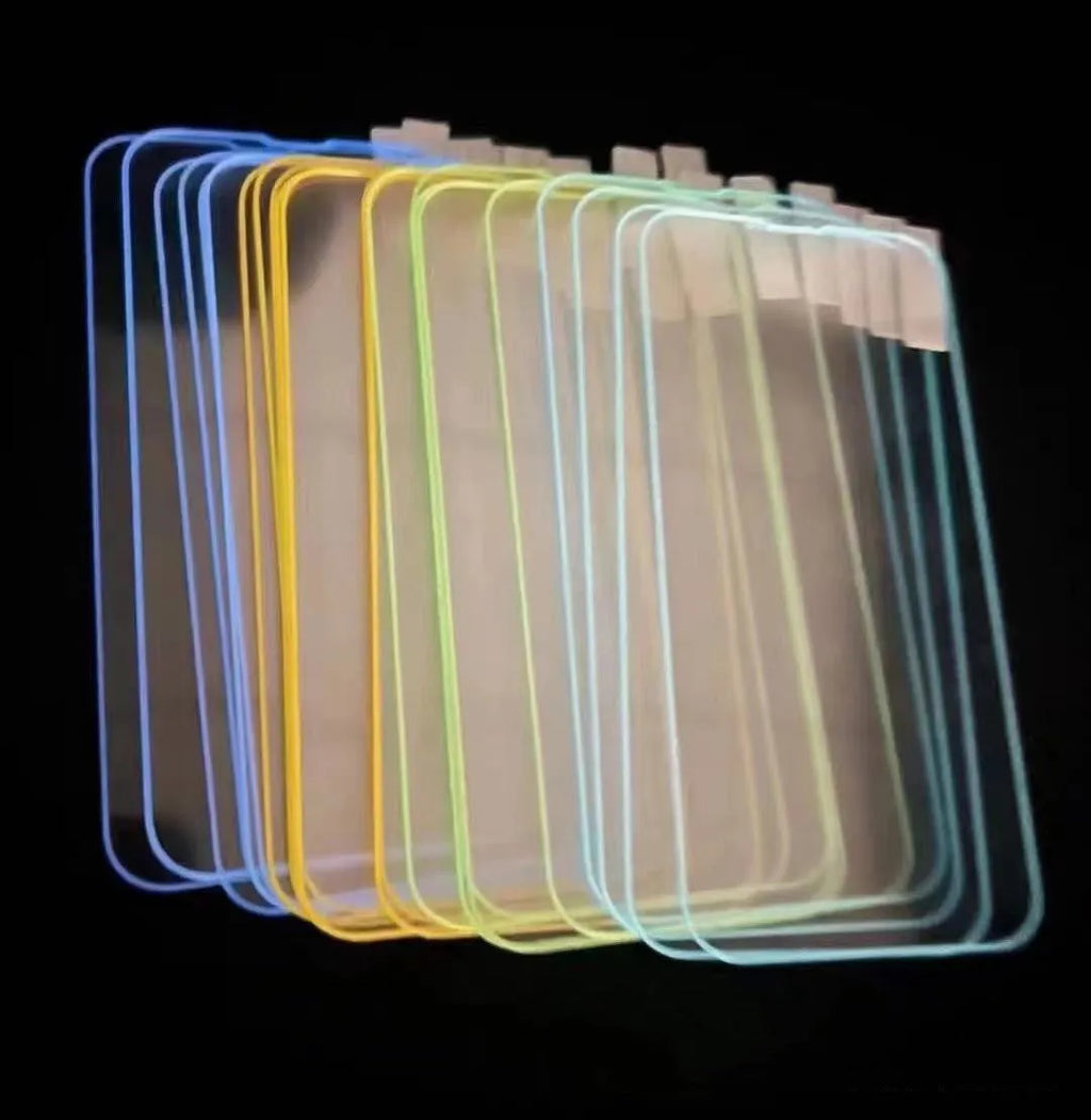 Fluorescent tempered glass screen protector for iPhone showing pink yellow green blue grass green colour options
