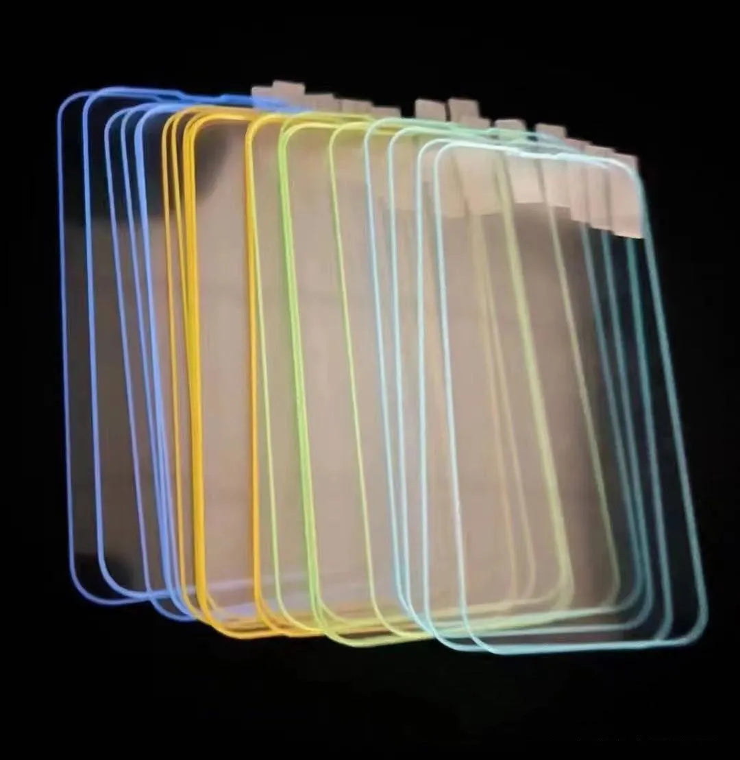 Fluorescent tempered glass screen protector for iPhone showing pink yellow green blue grass green colour options