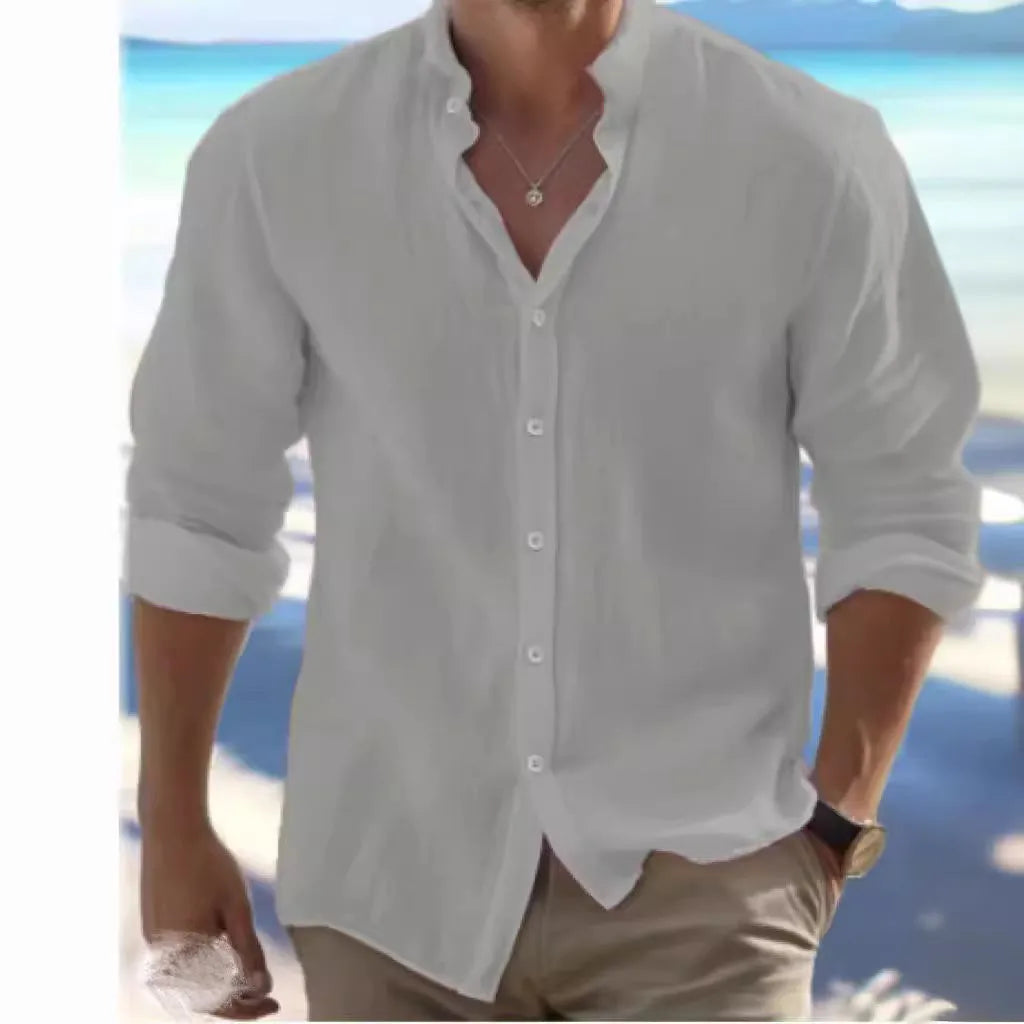 Men's casual linen button-up summer shirt in light blue displayed on hanger