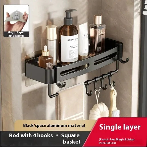 Gun gray triangle wall-mounted bathroom rack with rod, fan-shaped corner design, 15kg load capacity