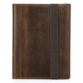 Brown Crazy Horse leather protective sleeve for an A5 notebook, showing square shape and socket closure.