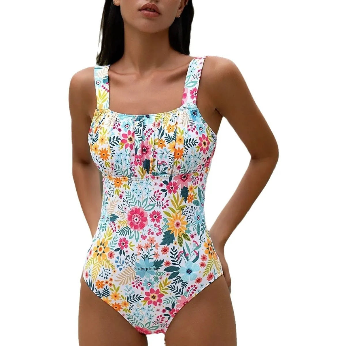 Pastoral style floral print full-bed one-piece swimsuit for women in black polyester fabric
